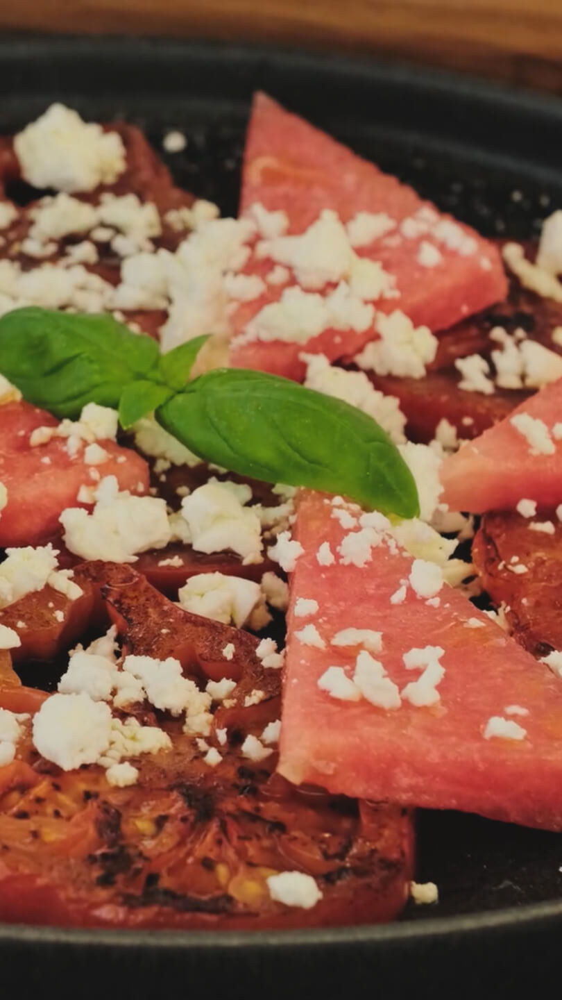 Grilled tomato salad with watermelon and feta cheese | Cooking Lovers