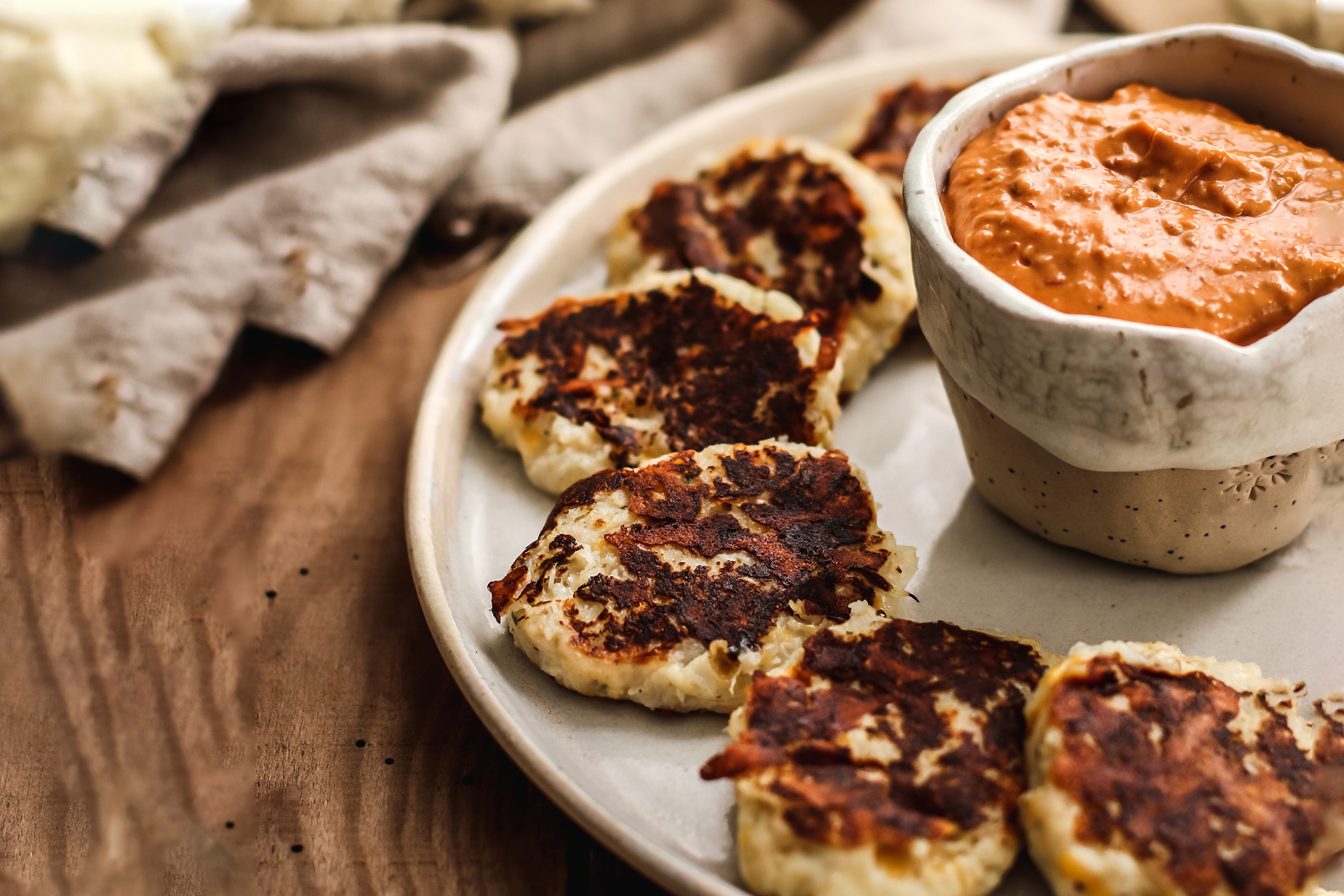 Cauliflower nuggets with Romesco sauce