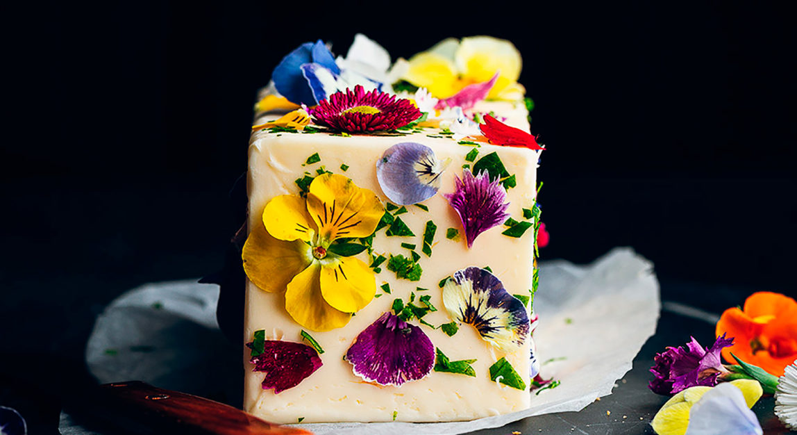 Homemade butter with edible flowers
