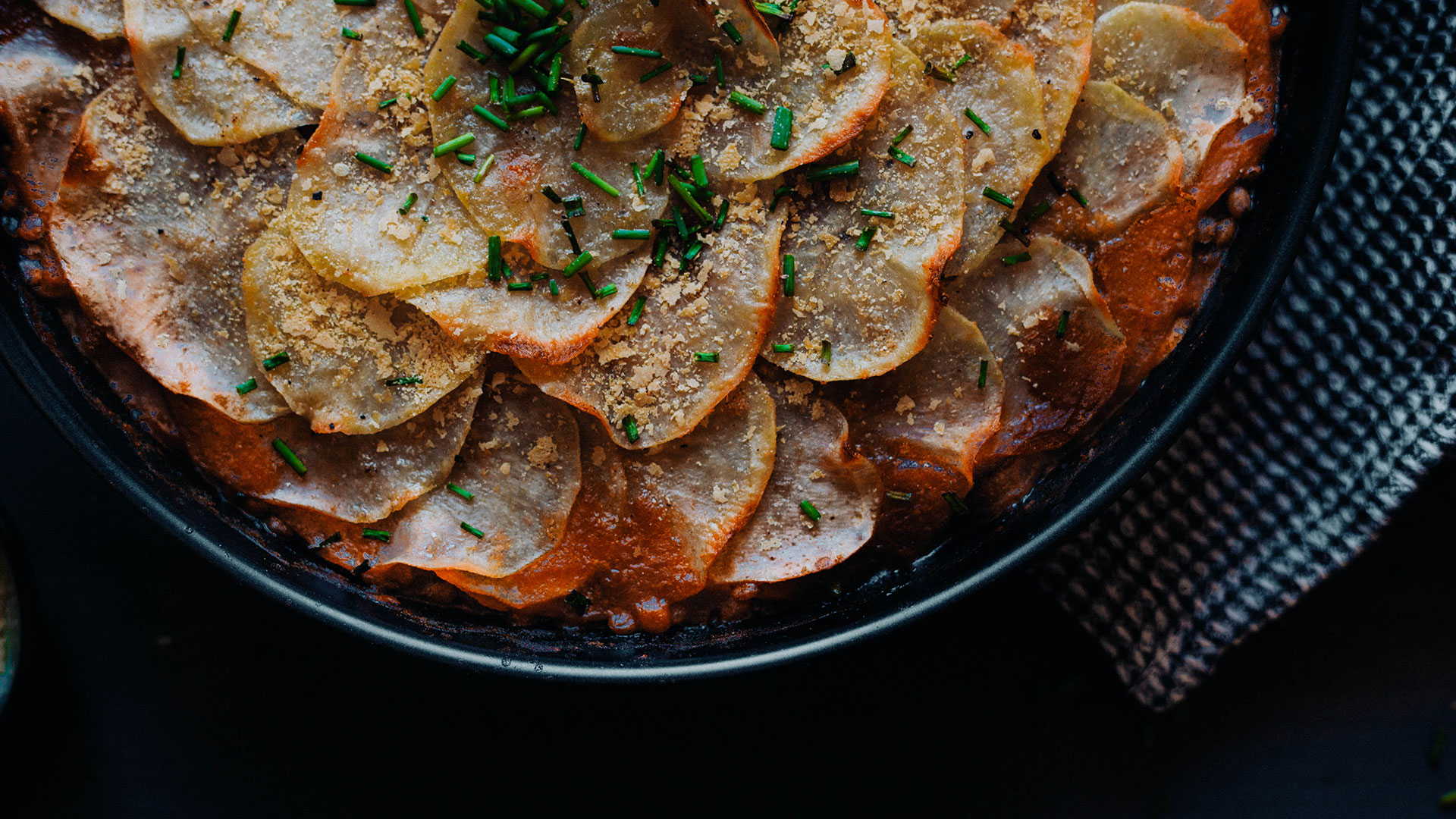 Tarte de cogumelos, lentilhas e batata