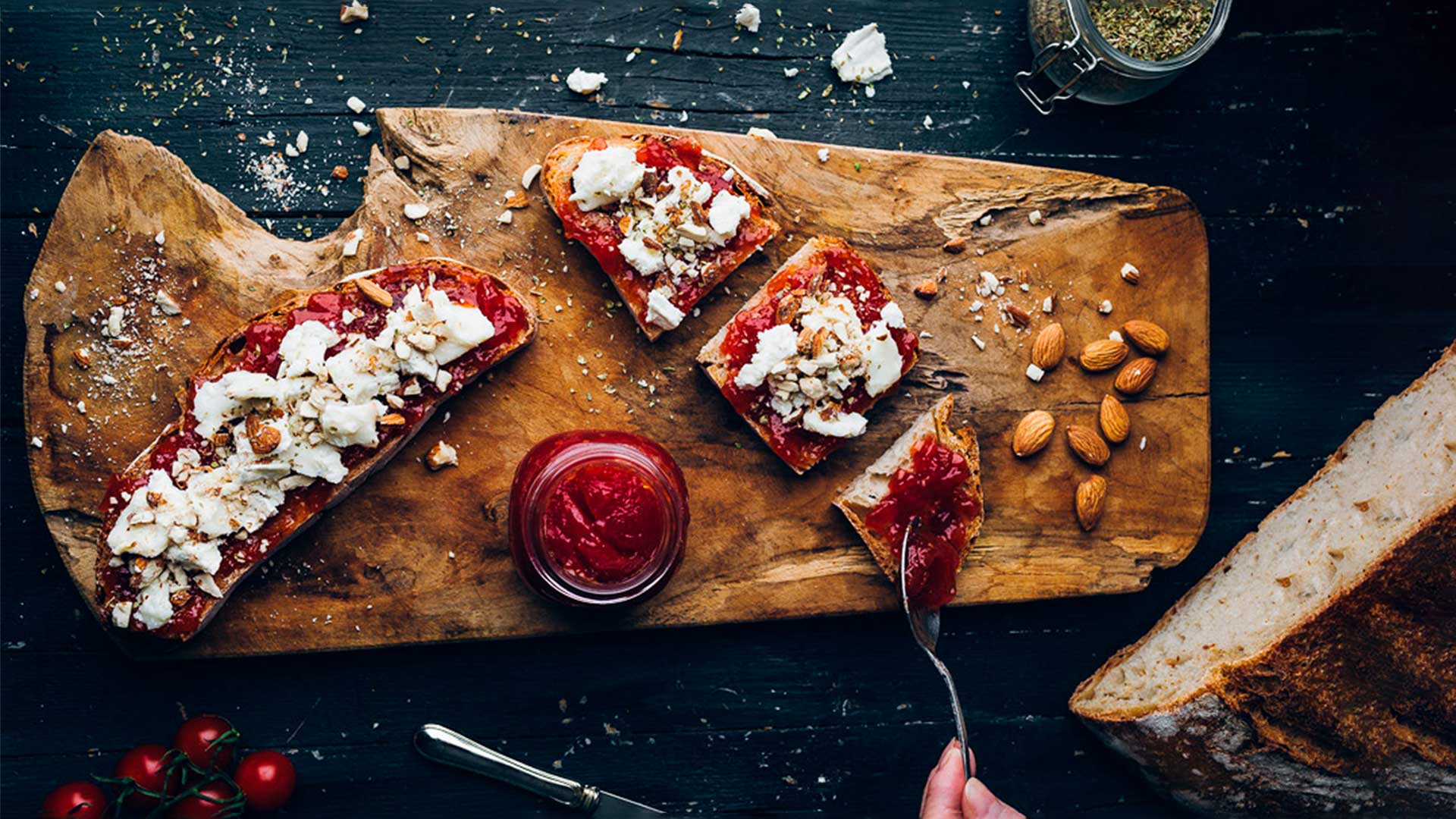 Tomato marmalade, goat cheese, and almondpintxo from Vizcaya, Basque country