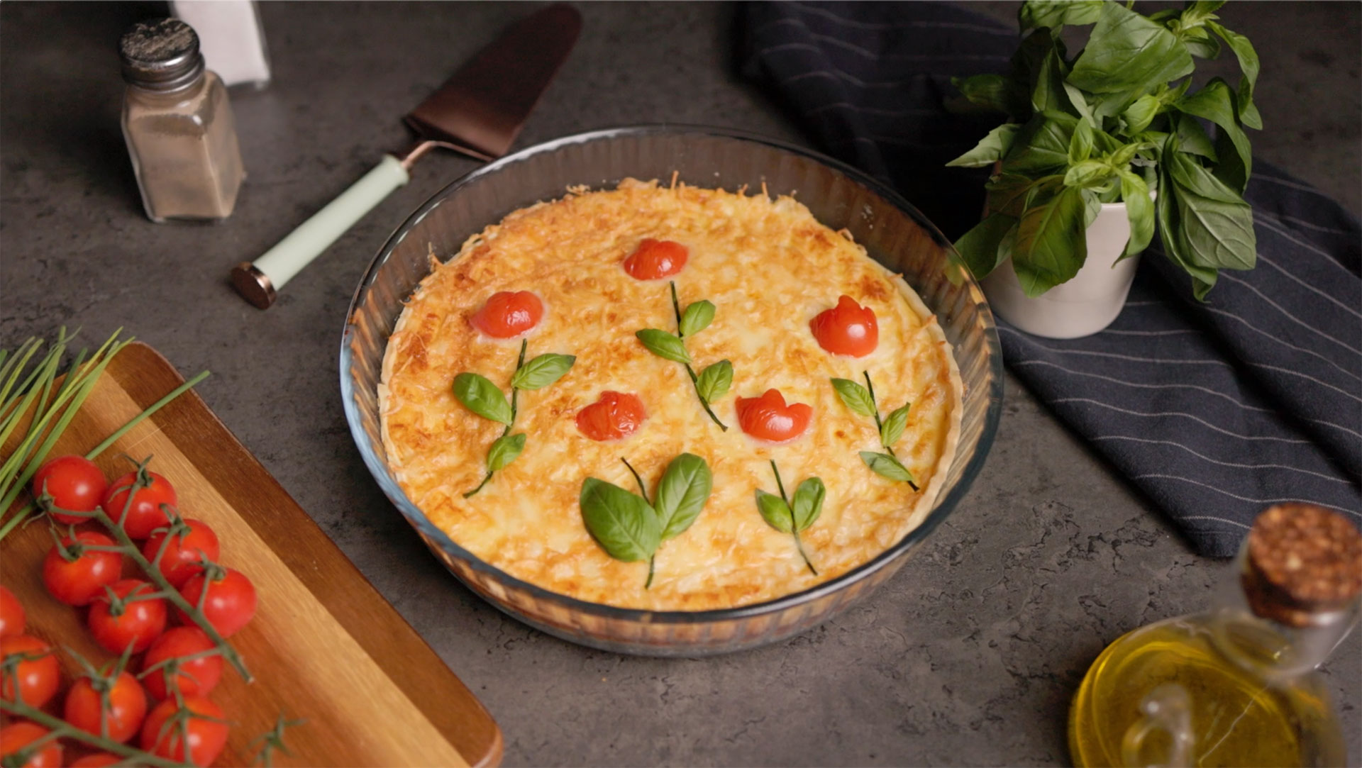 Cherry tomatoes and caramelised onion quiche