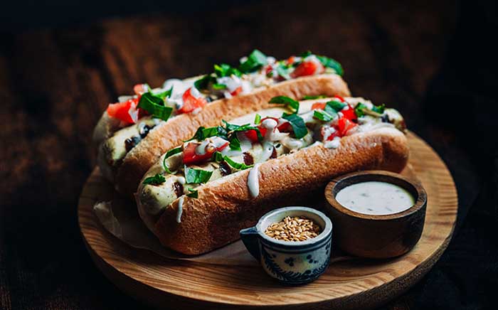 Ajo blanco and basil hot dogs